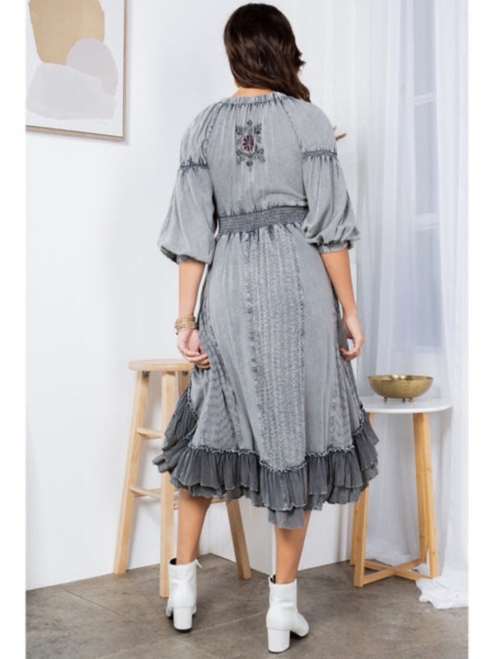 Young Threads Effortless Elegance: Sheared & Elasticated V-Neck Hi Lo Dress - Picture 2 of 9